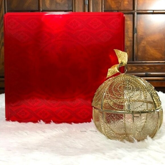 Gold Metal Cage Ornament & Red Medallion Square Tin Set - Picture 1 of 13